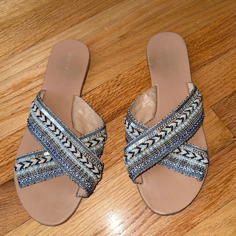 London Fog Blue and White Beaded Sandals